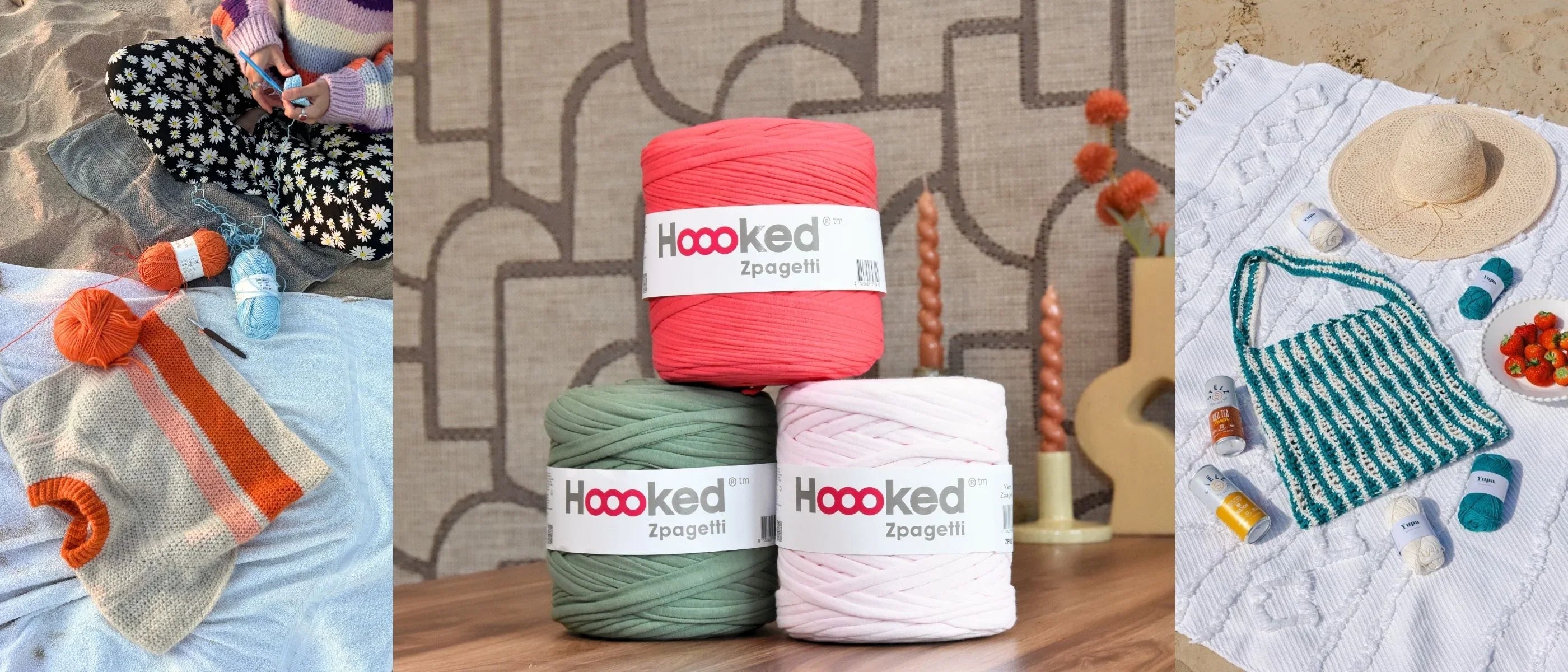 Three skeins of Hoooked Zpagetti yarn in red, green, and pink on a wooden surface with a patterned wall in the background.